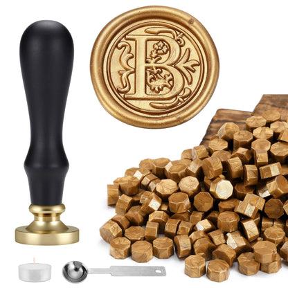 Yoption Traditional Initial Alphabet Wax Seal Stamp with 120 Antique Gold Wax Seal Beads Kit for Wedding Engagement Party Invitation Envelope Christmas Gift Wrap - Letter B