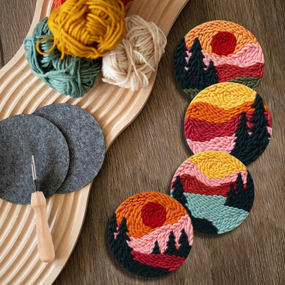 Punch Needle Coasters Kit for Beginners Adults, 6 Pattern Embroidery Scenery Punch Needle Kits, Scenery Punch Decoration DIY Kit with Patterns, Tools, Yarns, Hoop, Instruction Art Craft Supplies