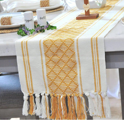 14 90 Inches, Boho Table Runner with Tassels x Yellow & Cream | Woven Washable Console Table / Dresser Runner