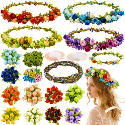Pattyeer 213Pcs(30 Set) DIY Flower Crowns Making Kit, Handmade Floral Crown Garland Wreath Craft Kit, Make Your Own Flower Hair Accessories Gift for Women