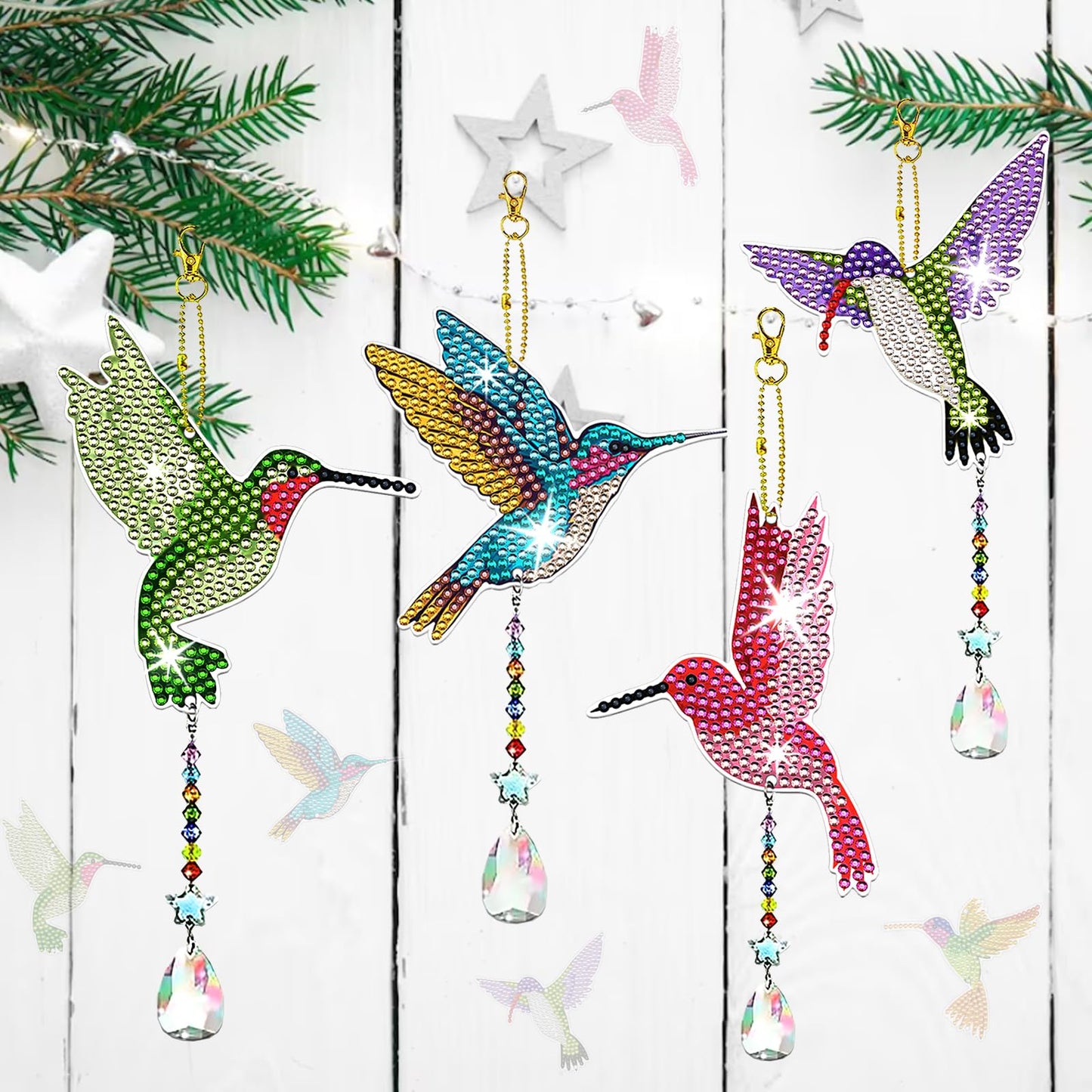JeCuiK 6 Pcs Diamond Painting Wind Chimes Rhinestone Hummingbird Diamond Art Suncatcher Double Sided 5D DIY Diamond Painting Kits for Adults Christmas Ornament Best Gifts for Mother