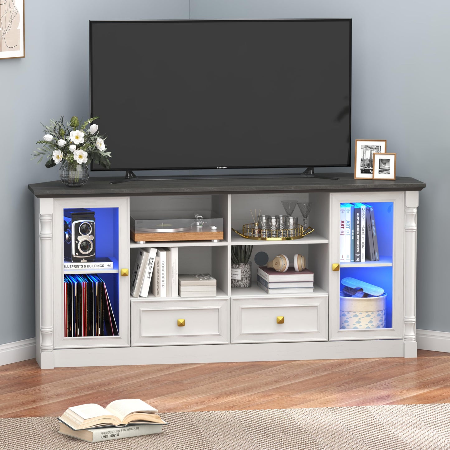 Corner TV Stand for 55 60 65 Inch TVs, Farmhouse Entertainment Center with 2 Storage Drawers and 2 Display Cabinet & Power Outlet and LED Lights, Wood TV Console Table for Living Room, Bedroom, White