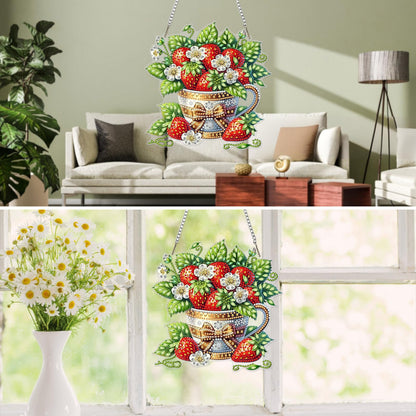 MXJSUA Strawberries Diamond Painting Art Window Suncatchers, Diamond Art Kits for Adults Hanging Ornaments with Chain, 5D Special Shape Crystal Diamond Pendant Accessories for Decor Gift 8x8 Inch