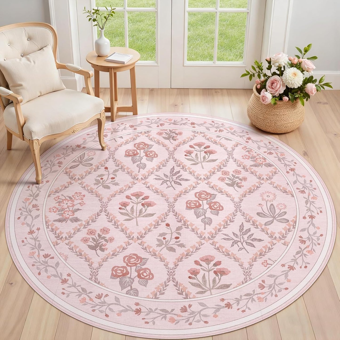 5ft Round Rug Washable Circle Rug Non Slip Low Pile Boho Floral Small Circular Rug for Bedroom, Bathroom, Entryway