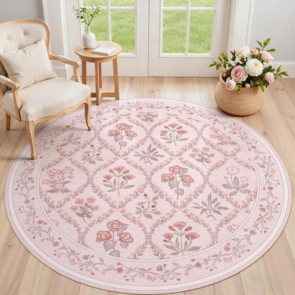 5ft Round Rug Washable Circle Rug Non Slip Low Pile Boho Floral Small Circular Rug for Bedroom, Bathroom, Entryway