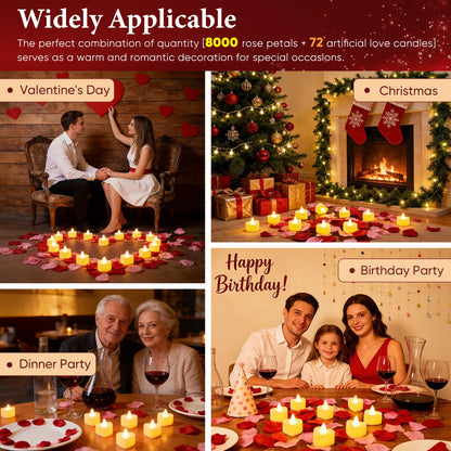 Chanceboleng 8000Pcs Rose Petals with 72Pcs Flameless LED Tea Lights Candles Valentine's Day Romantic Decorations Special Night Set for Night Wedding Anniversary or Table Décor, Warm Yellow