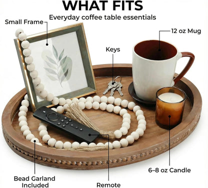 16" 11.8" 58" x Oval Wood Decorative Tray with Bead Garland, Farmhouse Coffee Table & Kitchen Island Dcor, Rustic Brown