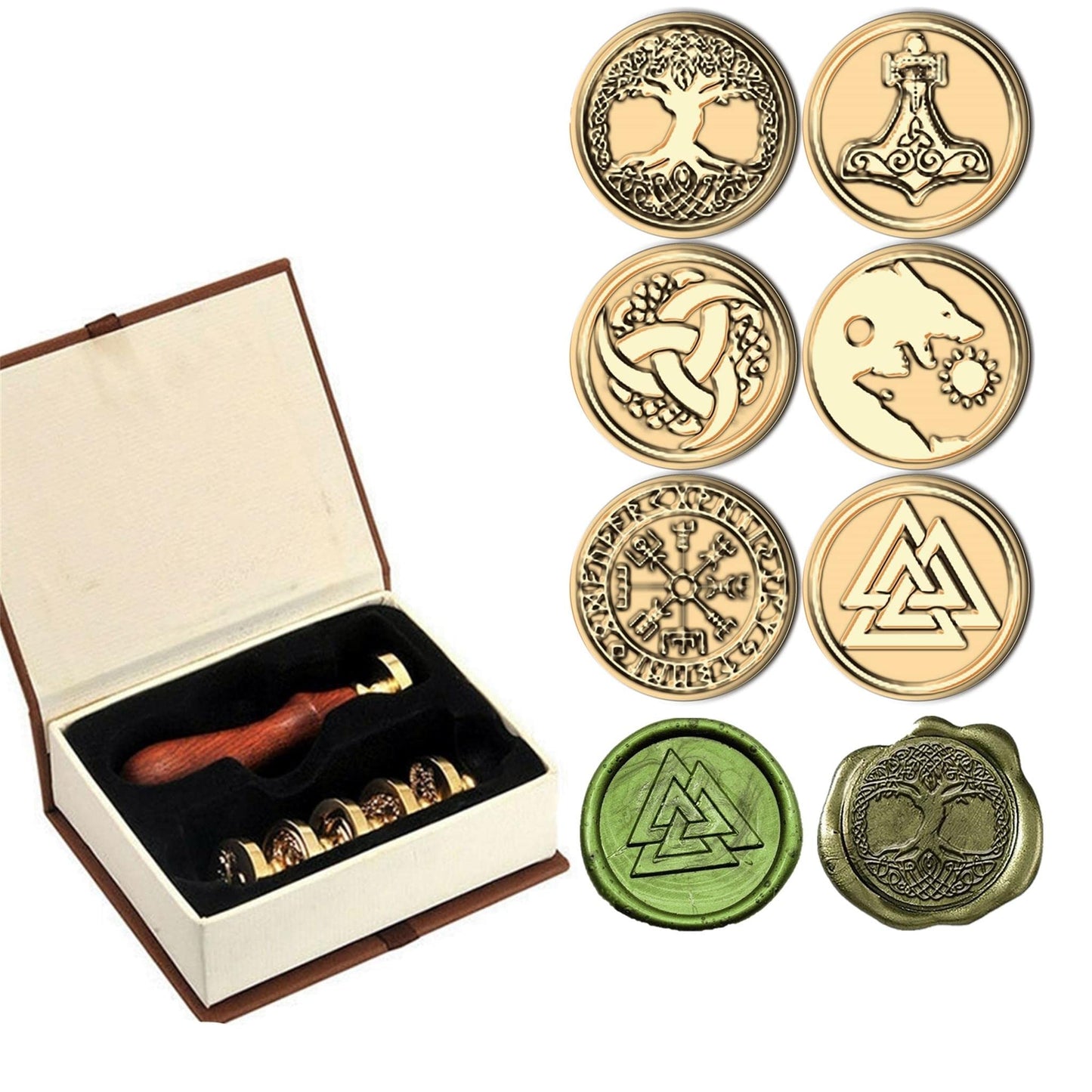 6PCS Viking Rune Wax Seal Stamp, Viking Vegvisir Valknut Tree of Life Sealing Wax Stamp with Wooden Handle, Vintage Brass Stamp for Wedding Invitation, Gift Wrap, Envelopes, Christmas Card (A1)