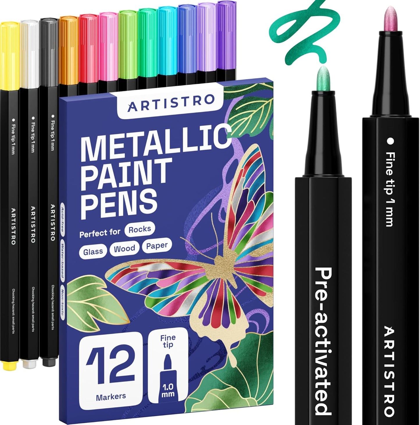 12 1mm ARTISTRO Metallic Paint Pens for Glass Marking, Rock Painting, Ceramic, Wood, Fabric, Scrapbooking, DIY Craft