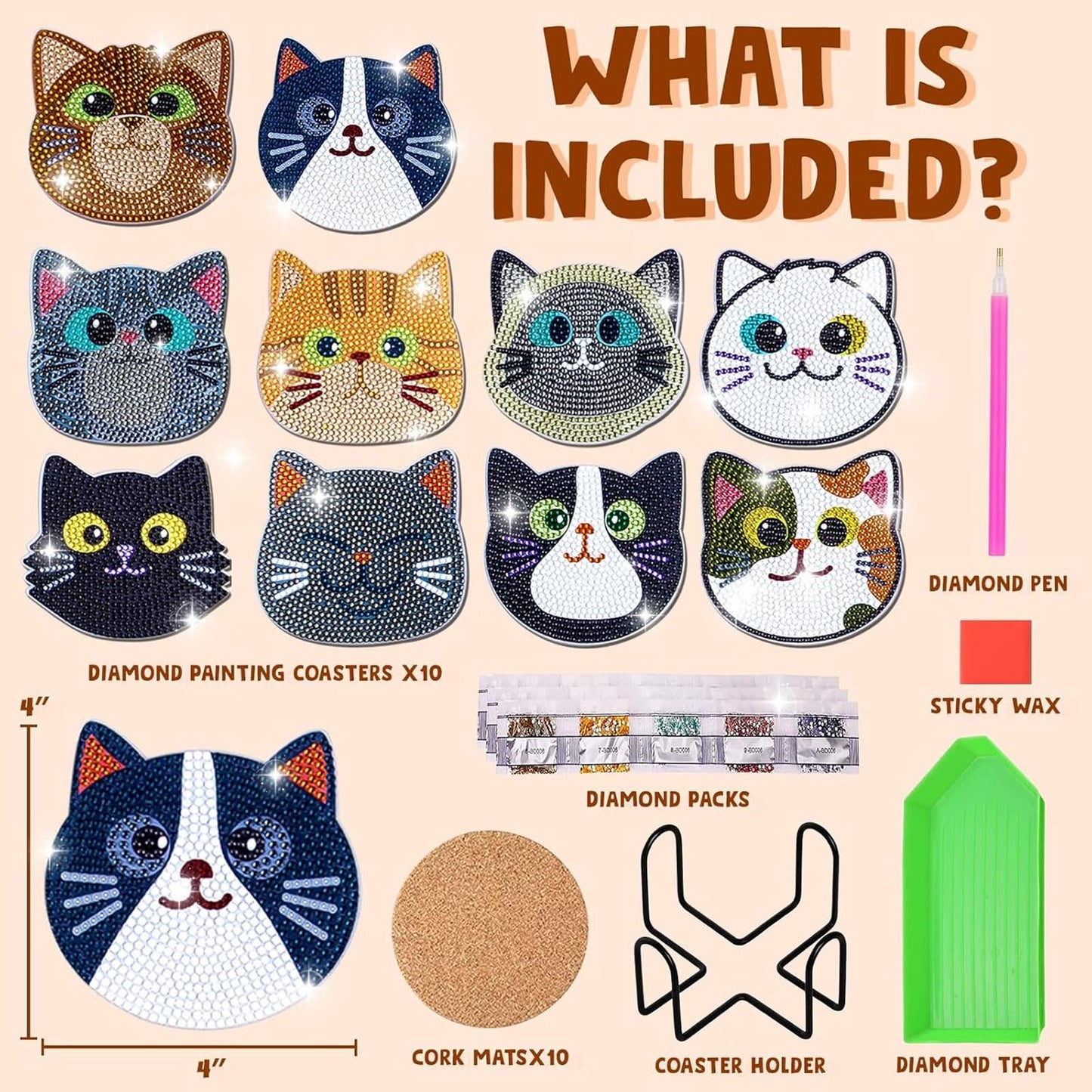 ACSAUMMY 10pcs Diamond Art Coasters Kits Cat Diamond Painting Coasters Kits with Holder Cork Pads Board DIY Cute Cat Diamond Set for Adults Beginners Crafts Supplies Gift Arts Room Dector