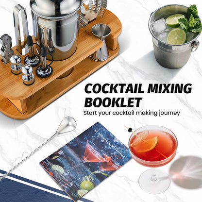 Set 13-Pcs Set 25oz Cocktail Shaker Bartender Kit: Bar Tools with Bamboo Stand, Essential Bar Accessories for Home: