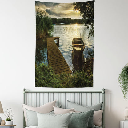 Lunarable Seascape Tapestry Twin Size, Boat at Lake Shore Wooden Pier Sunset Sunbeams Romantic Evening, Wall Hanging Bedspread Bed Cover Wall Decor, Twin Size, Green Yellow