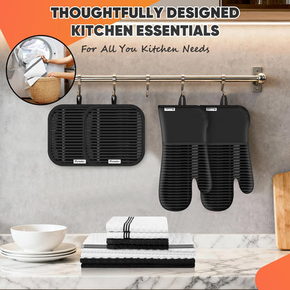 Oven Mitts Kitchen Towels and Dishcloths with Pot Holders Sets, Oven Gloves Hot Pads 500°F Heat Resistant with Silicone Grip, Include 2 Cooking Gloves/2 Potholders/4 Kitchen Towels/4 Dish Towels
