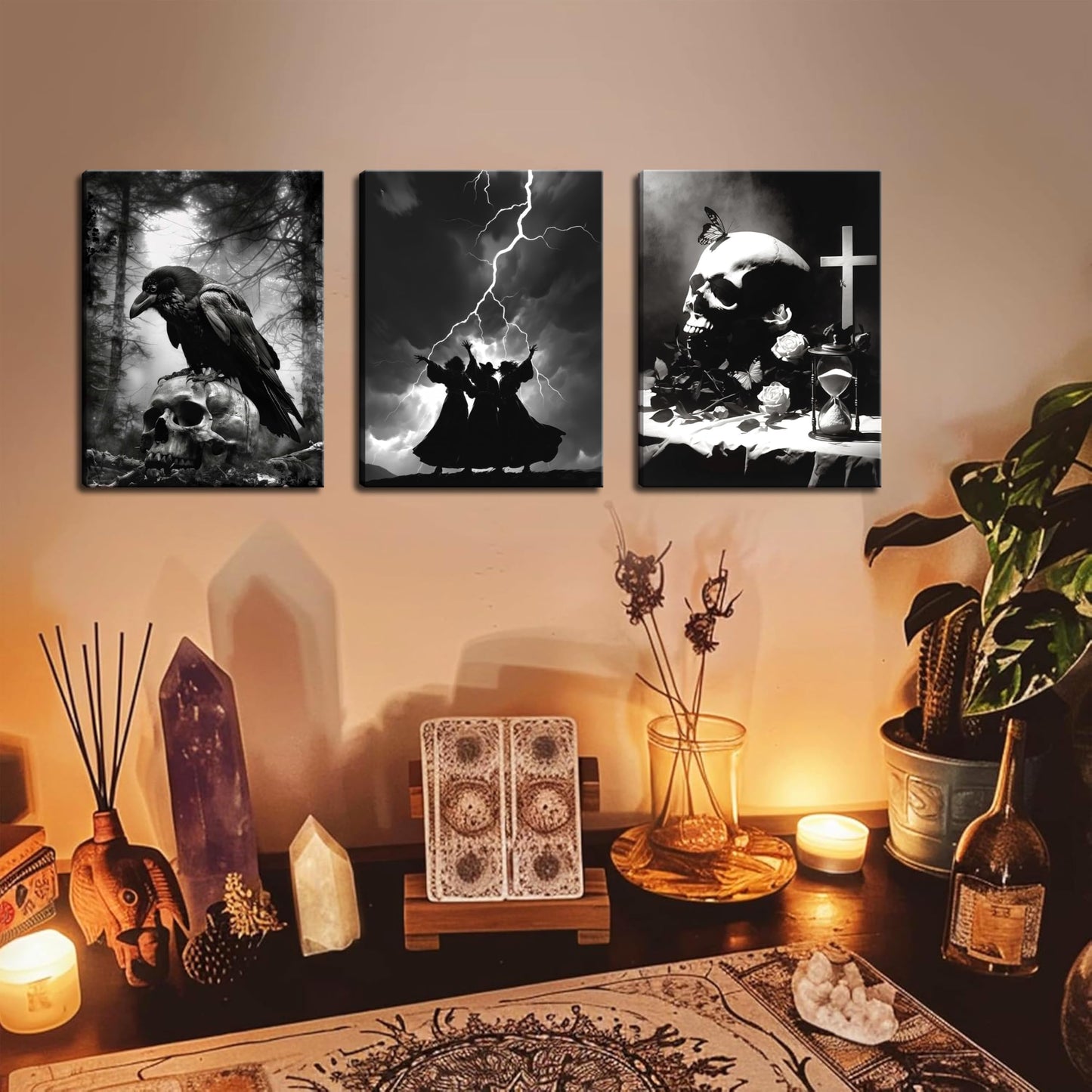 Framed Dark Gothic Canvas Wall Art Set of 3, Creepy Witchy Halloween Wall Decor Paintings, Crow and Skull Goth Aesthetic Posters Prints for Living Room Bedroom Bathroom Home Decor 12x16In