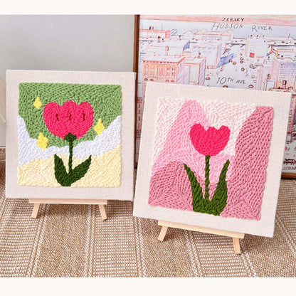 Allazone Punch Needle Embroidery Kit, Square Frame with Green and Pink Tulip Pattern, Includes Frame, Stand, Punch Needle, Scissors, Yarns, Adults Beginner Friendly