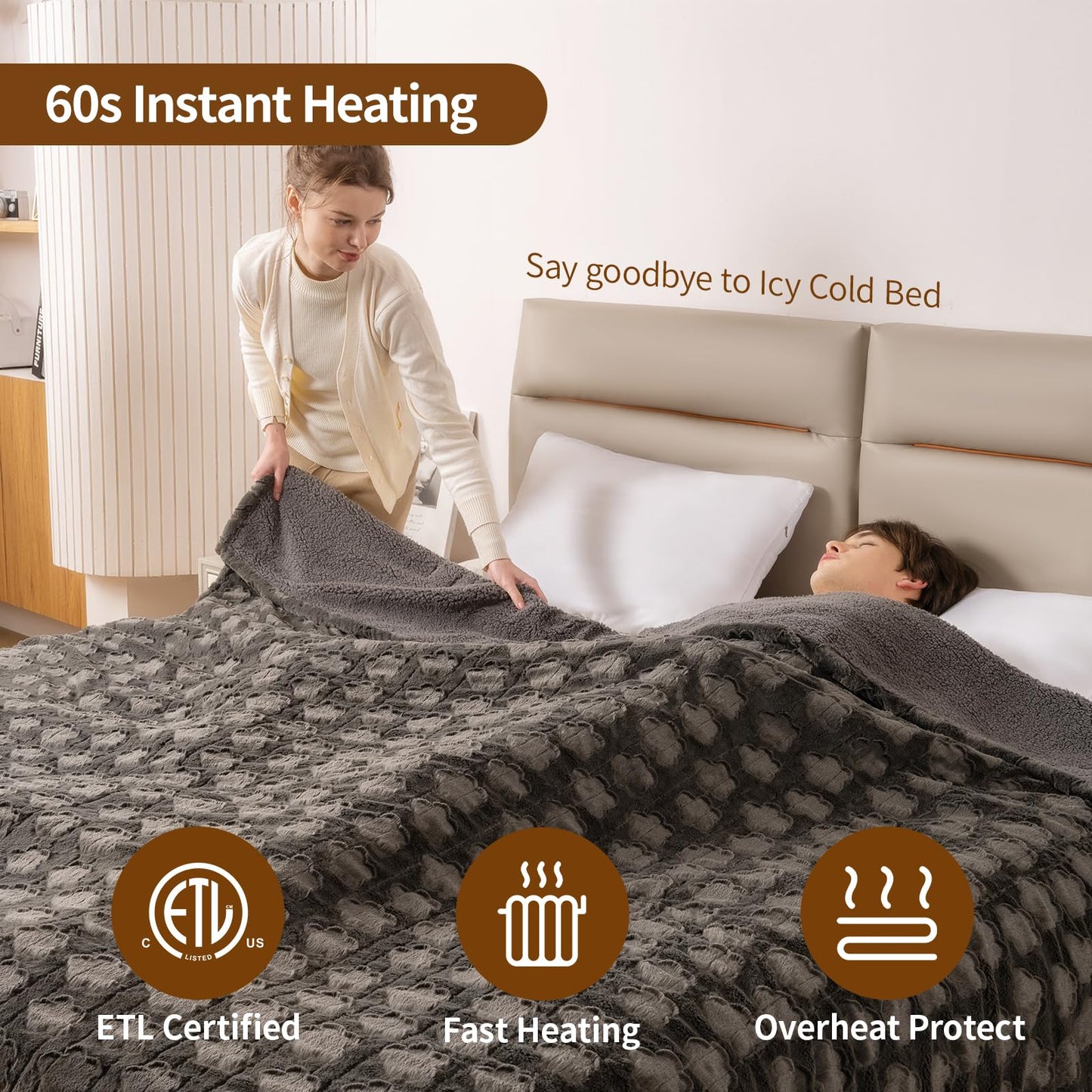 Bearhug Electric Blanket King Size 100" x 90", Dual Controller Heated Blanket, White Flower Patterns Faux Fur & Warm Sherpa, 10-Heat Levels & 1-12H Auto Off,ETL, Machine Washable