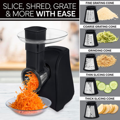 COOK WITH COLOR 5-in-1 Electric Slicer, 150W Food Prep Machine – Cheese Shredder, Fine & Coarse Graters, Potato Grater, Vegetable Slicer, Fruit, Salad Shooter, Compact Design For Bowl Prep, Blush