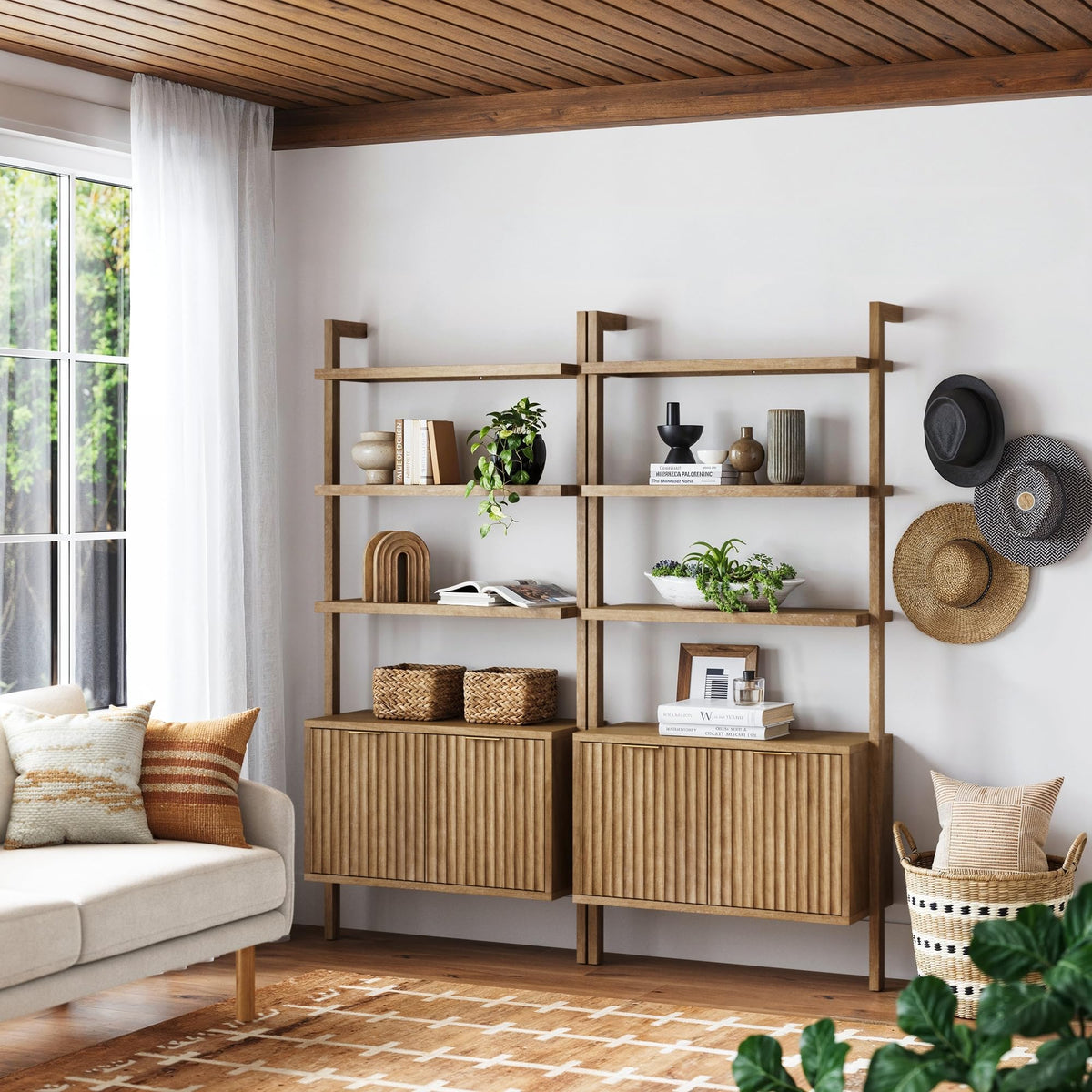 Nathan James Jasper 3-Shelf Solid Wood Boho Bookshelf, Wall Mounted Bookshelf with Cabinet with Fluted Doors, Light Brown, Set of 2