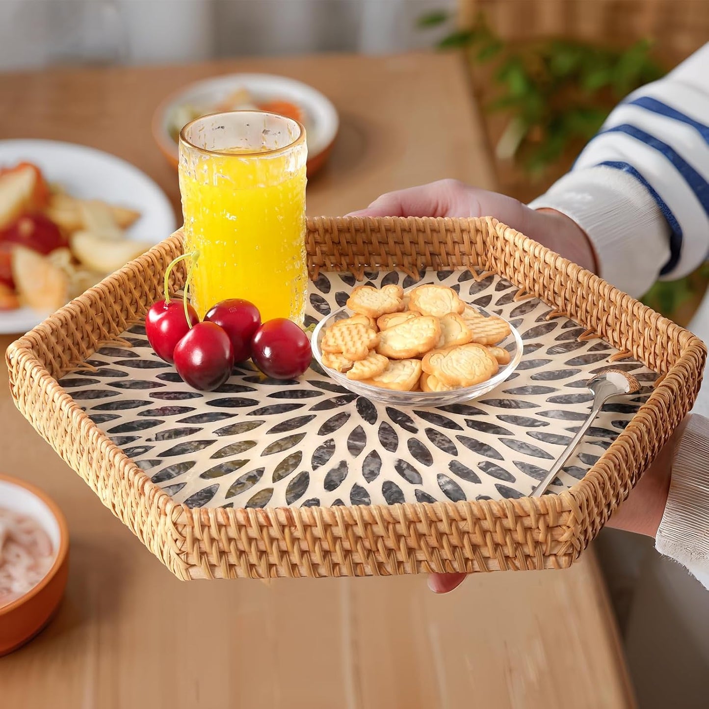 14.5"12.8") Hexagon Rattan Tray with Mother of Pearl Inlay, Rattan Serving Tray for Coffee, Bread, Fruits, Snacks