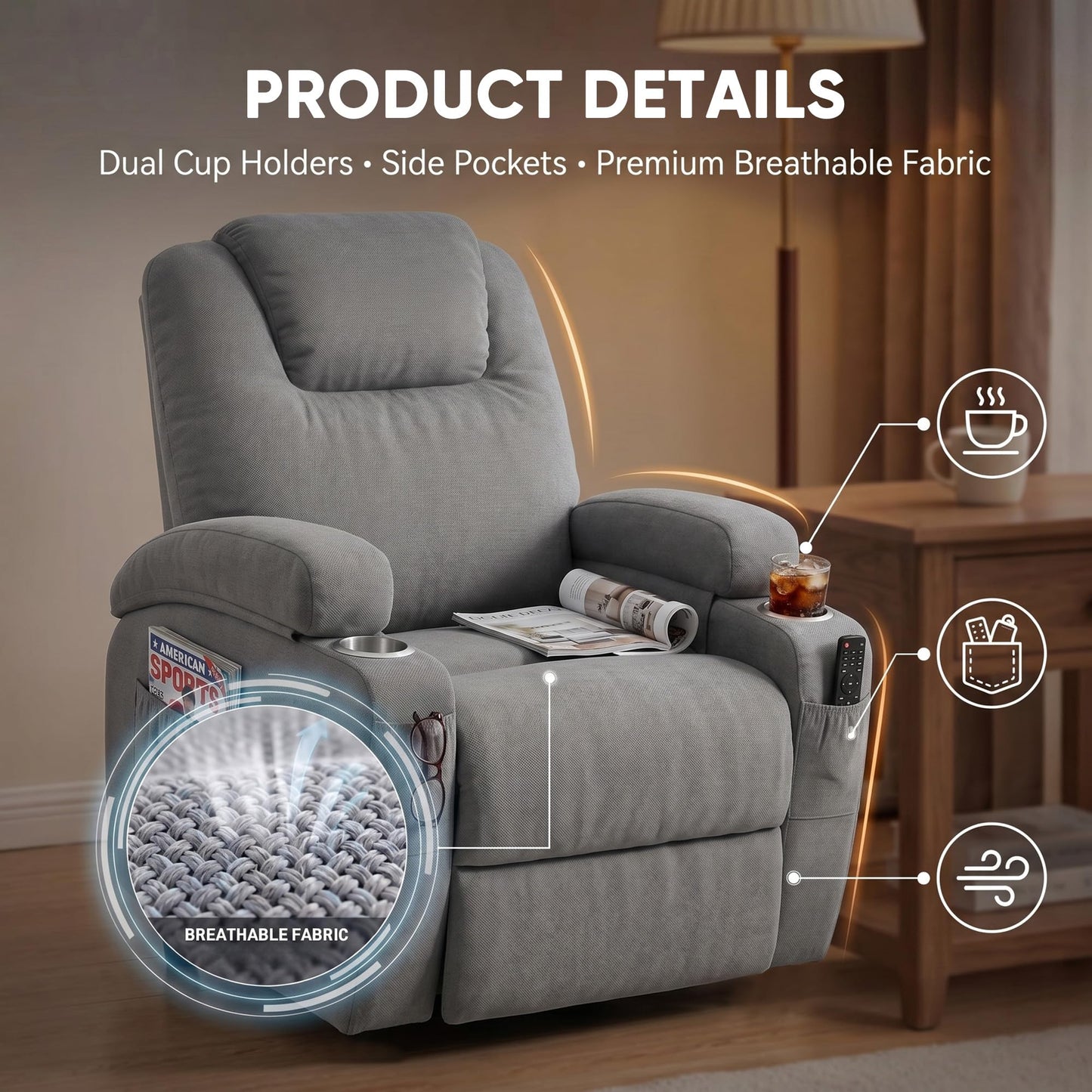 Flamaker Power Lift Chair Massage Recliner Chairs for Elderly - Ergonomic Design with Cup Holders & Side Pockets, Remote Control (Gray)