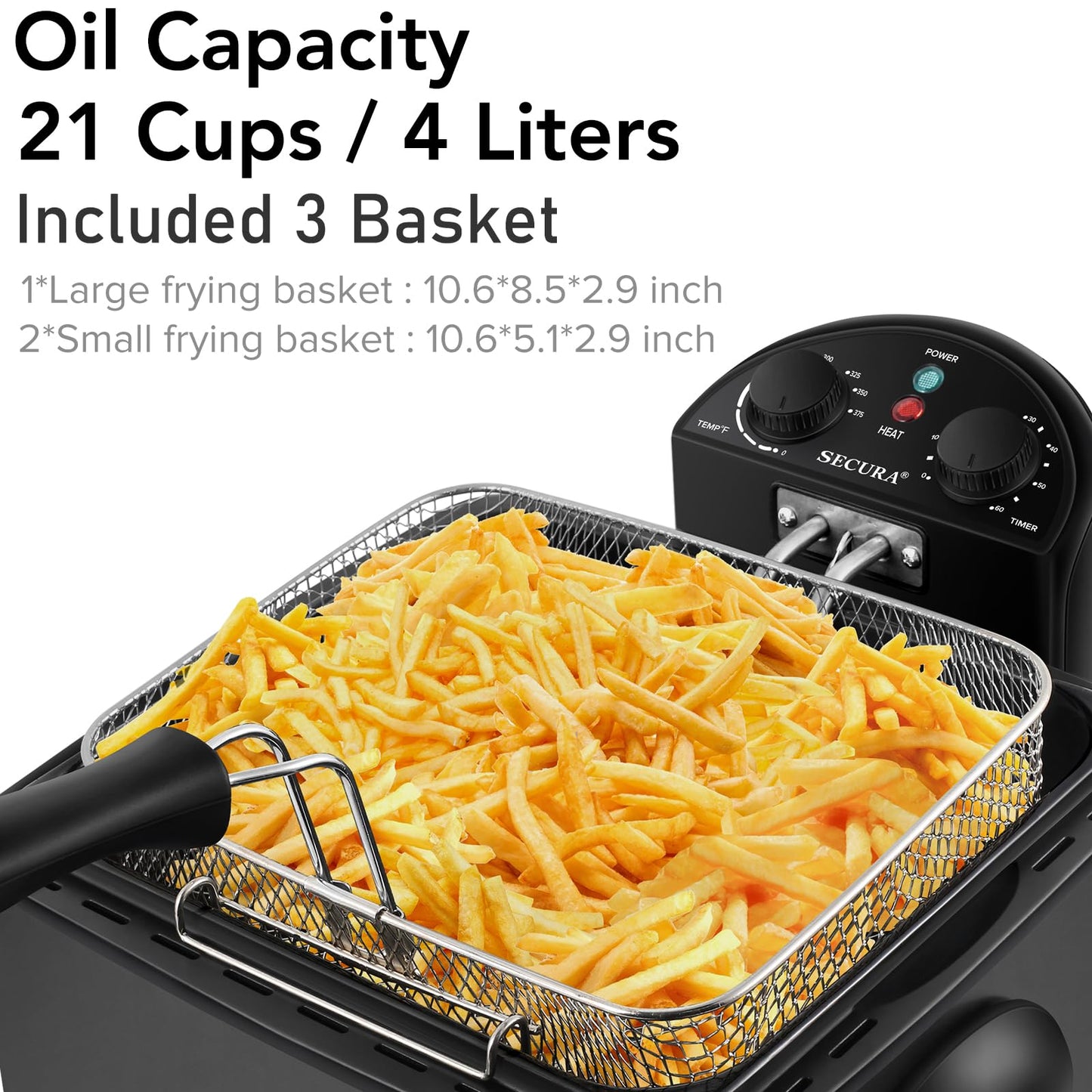 Secura 1700-Watt Stainless-Steel Triple Basket Electric Deep Fryer with Timer Free Extra Odor Filter, 4L/17-Cup, Red