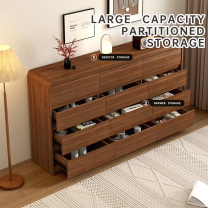 Messenya Modern 12-Drawer Dresser 63-Inch Wide, Curved Anti-Collision Design, Mid-Century Storage Cabinet with Pre-Embedded Slots, Sturdy Reusable, Ideal for Bedroom/Living Room/TV (Brown, 12-63)