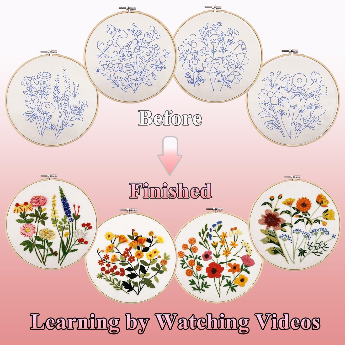 VIVIDOX 4 Sets Embroidery Kit for Beginners with Stitch Video, Flower Cross Stitch Kits for Adults, Starter, Hand Craft Lover Practice with Floral Stamped Pattern, 2 Hoops, 16 Needles, Scissors, Tools