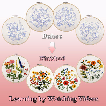 VIVIDOX 4 Sets Embroidery Kit for Beginners with Stitch Video, Flower Cross Stitch Kits for Adults, Starter, Hand Craft Lover Practice with Floral Stamped Pattern, 2 Hoops, 16 Needles, Scissors, Tools
