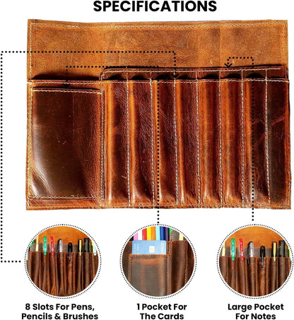 Jaald Genuine Leather Pencil Roll Brush Case Pen Holder Organizer Brushes Ruler Stationary Pouch Gift for Students Artist Painter & Writer String Closure Vintage