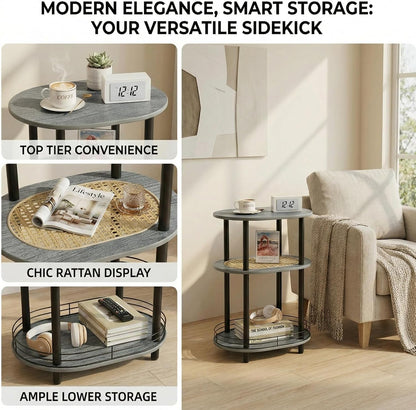 3 Tier Round Side Table with Storage, Oval End Table with Rattan Shelf & Metal Basket - Boho Nightstand, Accent Table