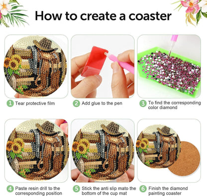 8 Pcs Diamond Art Coasters Kit for Adults, Cowboy Boots Flowers Diamond Painting Coasters with Holder Cork Pads, DIY Diamond Art Non Slip Coaster Crafts Kits for Adults Beginners Gifts