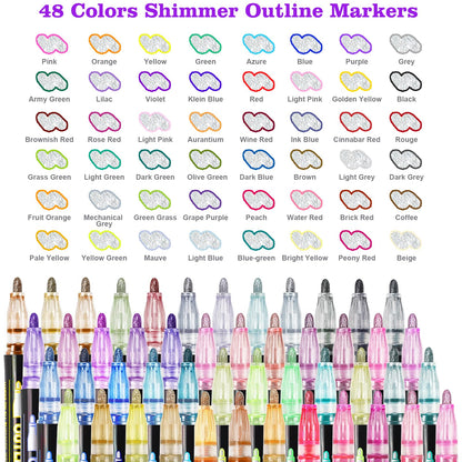 Glitter Markers Outline Pens Metallic: 48 Double Line Outline Markers,Self Outlining Glitter Pens Adult Coloring Gel Sparkle Outliner Shimmer,Teen Gifts Drawing Art Supplies Craft Cool Fun Magic Stuff