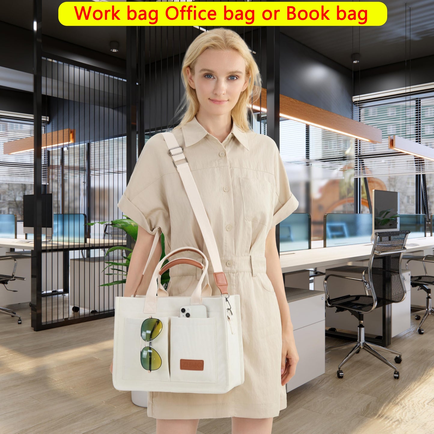 ZHMO Canvas Tote Bag with Compartments, Top Handle and Pockets for Women, Purse Crossbody Laptop Satchels Shoulder Handbags for Work, Book, Travel, Nurse, Church, Gym, Beach, Office, Beige, Large