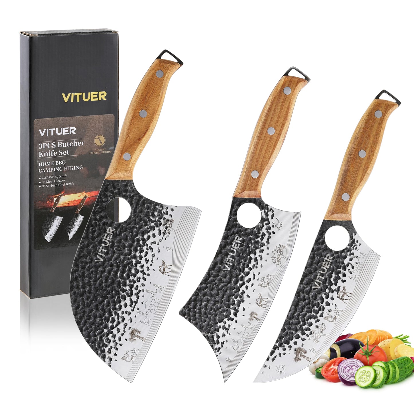 3PCS Butcher Knife Set, Hand Forged 7" Butcher Meat Cleaver, 7" Serbian Chef and 6.5" Viking Knife, Great for Indoor & Outdoor (Stylish Pattern Design)