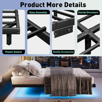 AGXI Floating Bed Frame with LED Lights and Charging Station, 14 Inch King Size Floating BedFrame - Modern King Size Bed Frame Easy Assembly No Box Spring Needed