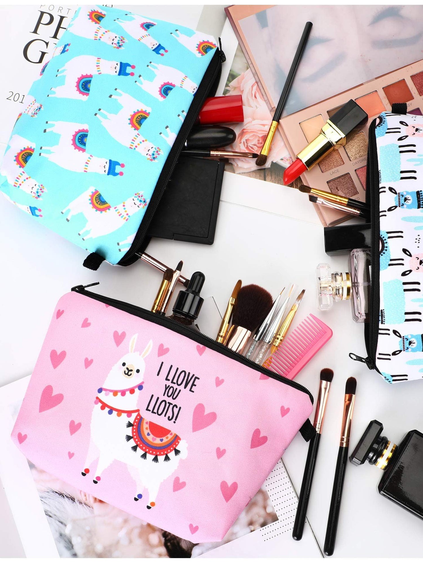 SATINIOR 6 Pcs Llama Gifts for Women Llama Makeup Bag 5.3 x 8.7 Inch Alpaca Pouch Cosmetic Bag for Winter Christmas Women Stocking Stuffers(Cartoon Design)