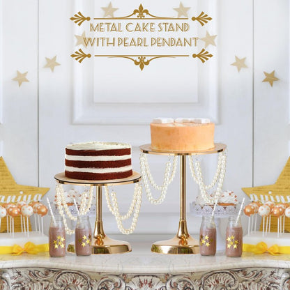 kolnlala Set of 6 Gold Round Pearl Cake Stand, Dessert Table Metal Cake Display Stand Set with Pearl Pendant Wedding Birthday Cake Base Stand for Wedding Anniversary Birthday Party Celebration