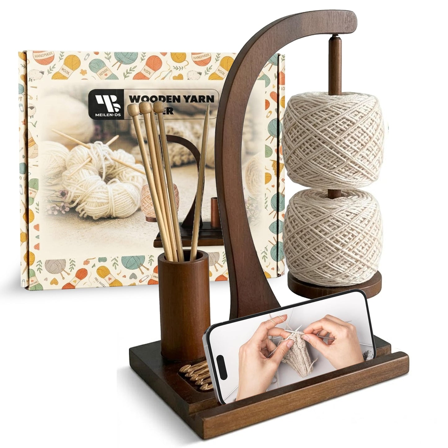 Yarn Holder for Crocheting and Knitting, High Strength Rotating Magnet, Wooden Crochet Yarn Spinner, Mobile Holder & Crochet Accessories Storage, Yarn Ball Holder Gift for Women Wife Grandma Mother