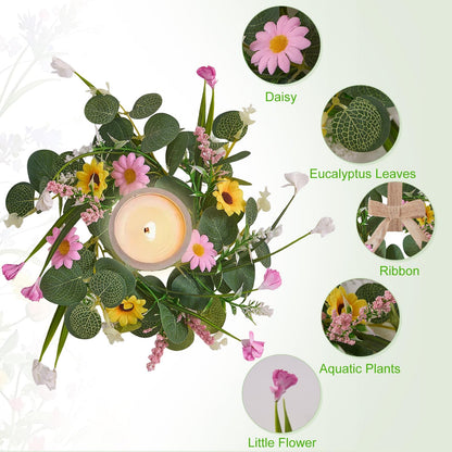 Spring Summer Wreath 6Pcs, 11.8 Inch Summer Wreath with Ribbon, Artificial Daisy Eucalyptus Leaves Grass Wreath, Hanging/Tabletop/Candle Ring Decor for Home Front Door, Porch, Wall, Window, Cabinets