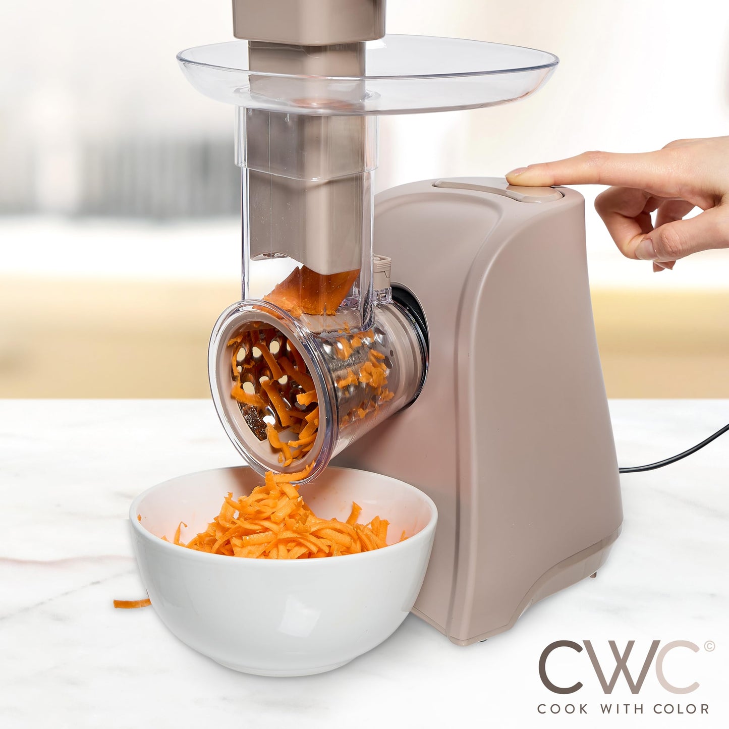 COOK WITH COLOR 5-in-1 Electric Slicer, 150W Food Prep Machine – Cheese Shredder, Fine & Coarse Graters, Potato Grater, Vegetable Slicer, Fruit, Salad Shooter, Compact Design For Bowl Prep, Blush
