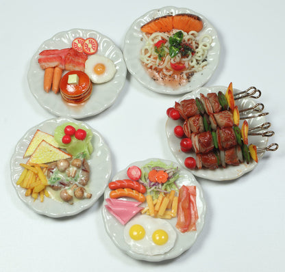 5 Assorted Miniature Breakfast Food Set – Pancake, Barbecue Grill, and Spaghetti – Handcrafted Dollhouse Miniature Food on Ceramic Plates 1.3” Diameter, 1/6 Scale, Handmade Realistic Mini Food Decor