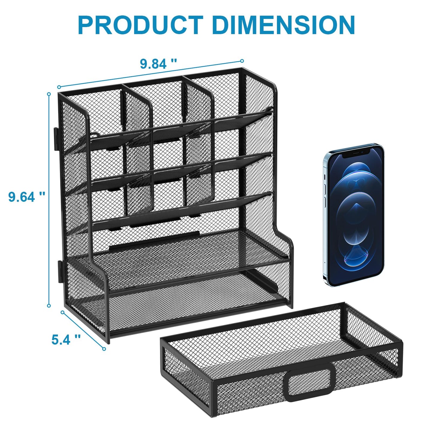 Marbrasse Larger Mesh Desk Organizer with Drawer, Multi-Functional Pen Pencil Holder, Easy Assembly, Desk Organizers and Accessories for Office Art Supplies (Black)