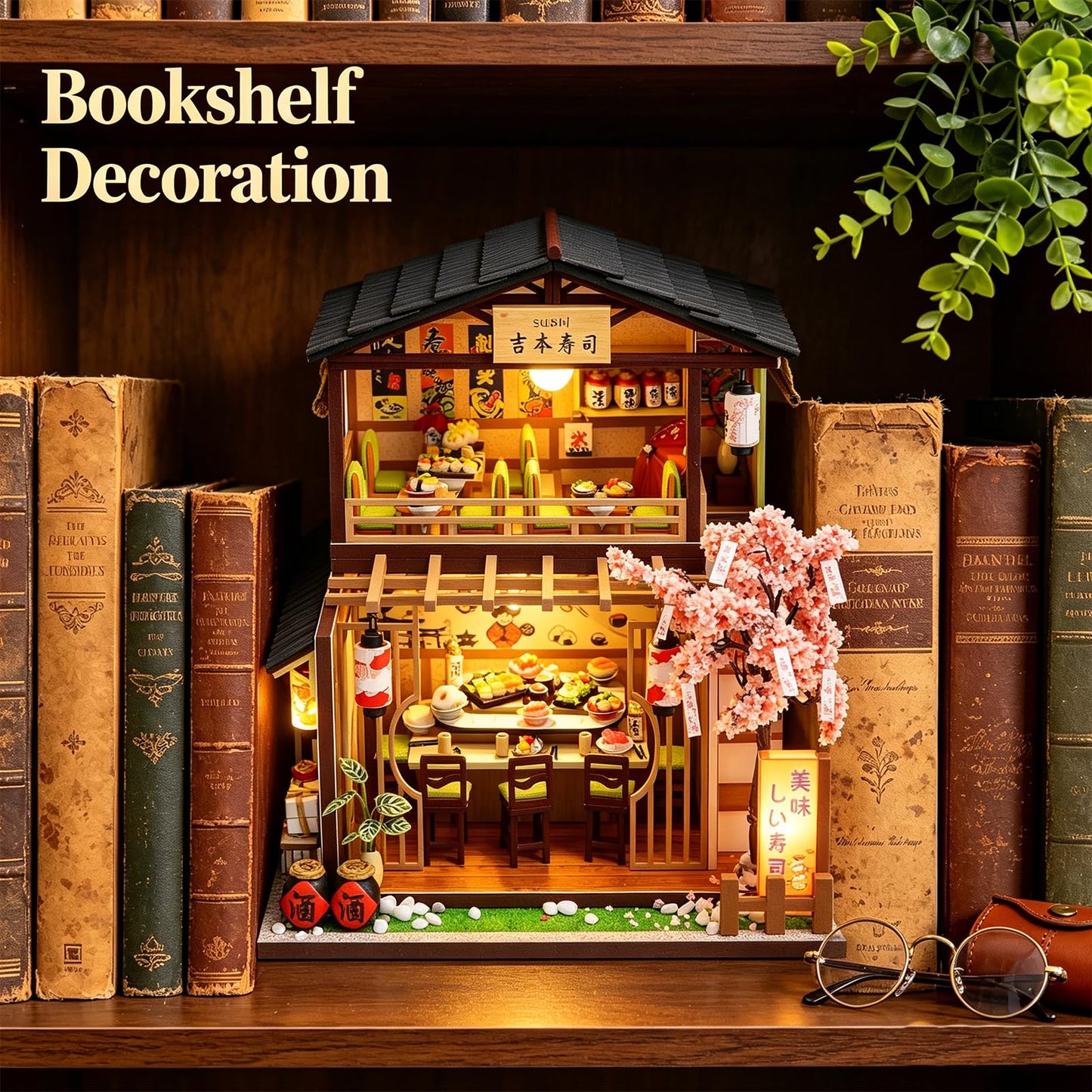LUSASIN Book Nook Kit with Dust Cover, DIY Miniature House Kit for Adults Bookshelf Insert Booknook 3D Wooden Puzzle Dollhouse Room Decor Gifts for Family, Friends(Excluding Batteries and Glue)
