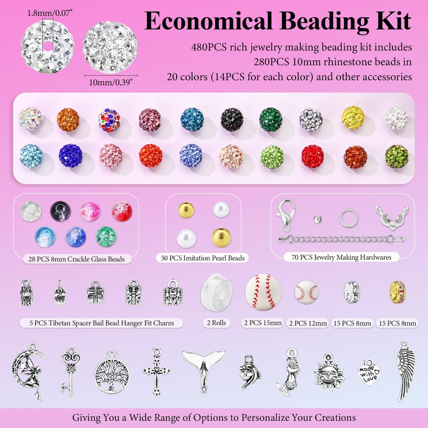 Dowarm 480PCS 10mm Rhinestone Beads Kit for Jewelry Making Baseball Necklace Friendship Bracelet, Round Disco Ball Rhinestone Clay Beading Set with Crackle Spacer Beads Charms for DIY Crafting