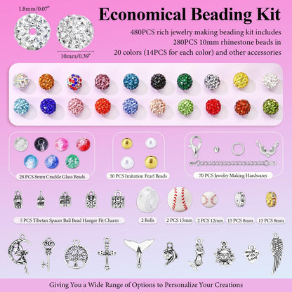 Dowarm 480PCS 10mm Rhinestone Beads Kit for Jewelry Making Baseball Necklace Friendship Bracelet, Round Disco Ball Rhinestone Clay Beading Set with Crackle Spacer Beads Charms for DIY Crafting