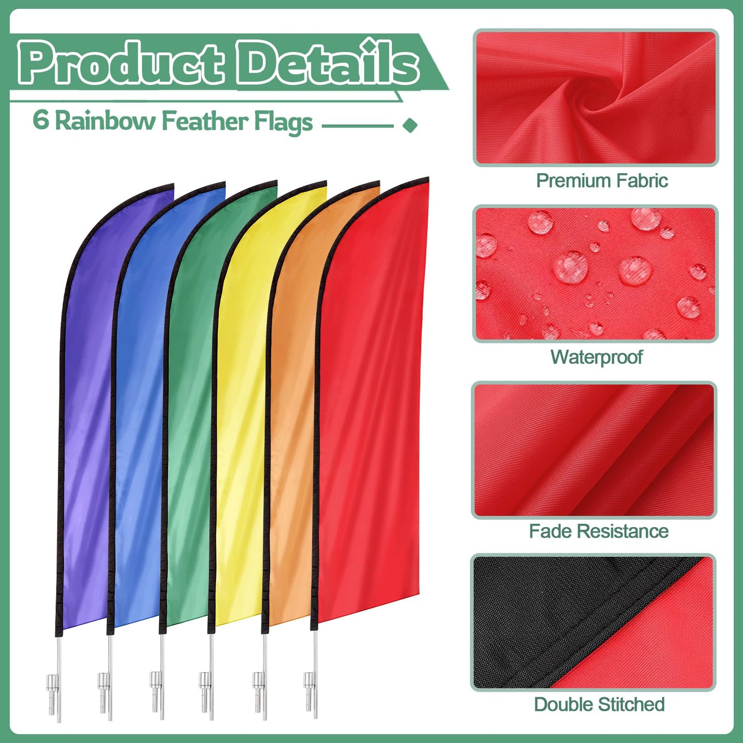Chicplaid 6 Color Rainbow Feather Flag Bundle 15 FT Feather Flag Kit With Pole Includes Red, Orange, Yellow, Green, Blue, and Purple for Gay LGBT Pride Day Parade and Outdoor Events