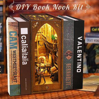Book Nook Kit, MOJINO DIY Miniature 3D Puzzle Wooden Bookends Doll House with LED Lights for Bookshelf Decor, Tiny Miniverse Model House Art Craft for Adults Gril Halloween Christmas Decoration Gift