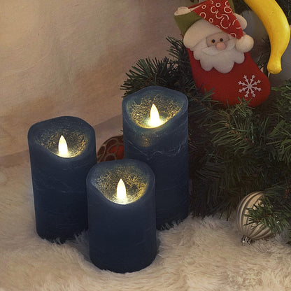 CANDLE CHOICE Real Wax Battery Operated Flameless Candles with Automatic Daily Cycle Timer Realistic Flickering Electric LED Pillars Wedding Party Holiday Decorations Set of 3 Rustic Texture Navy Blue