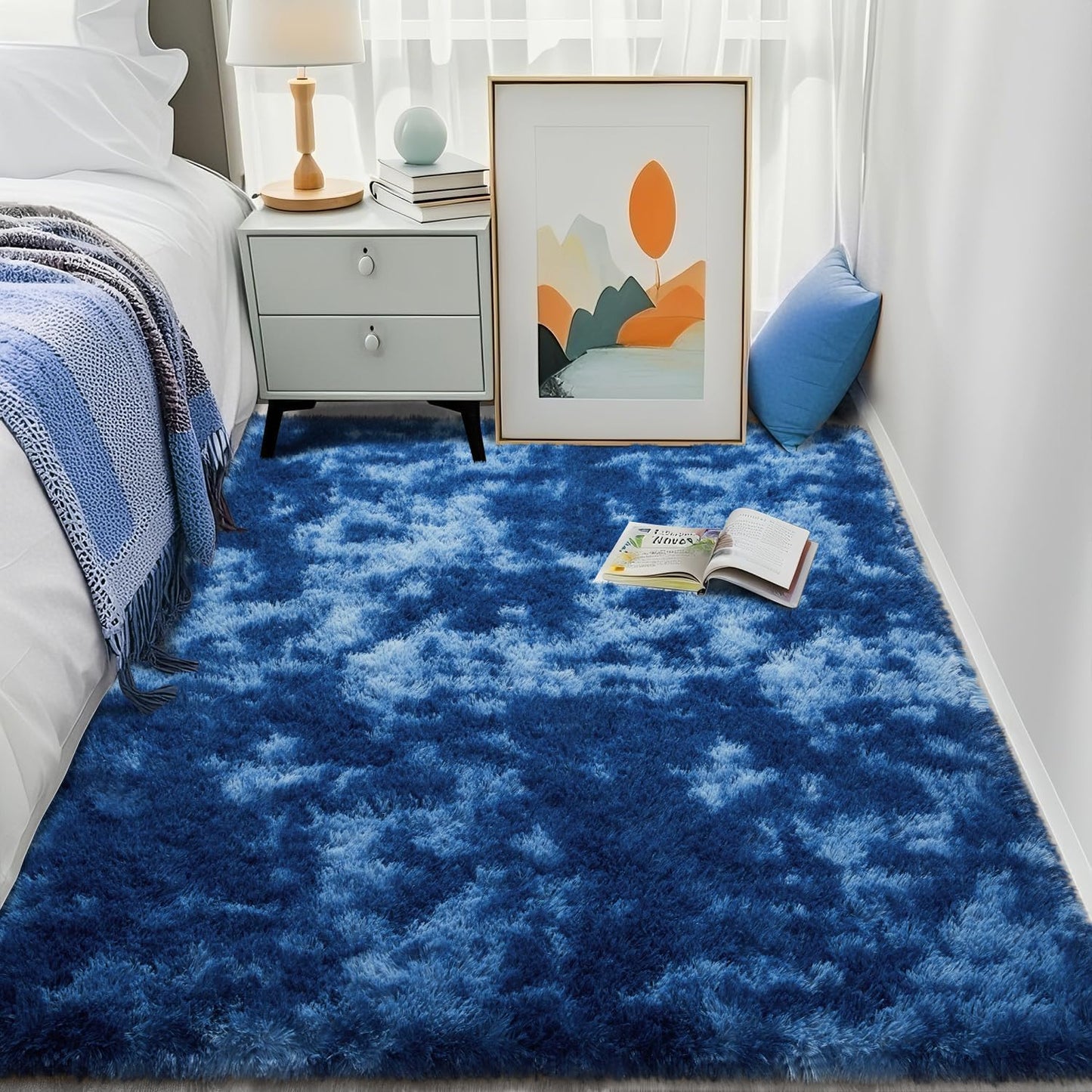 5x8 HQAYW Area Rugs for Living Room, Tie-Dyed Navy Blue Ultra Soft Fluffy Washable Non-Slip Rug, Plush Shaggy Modern