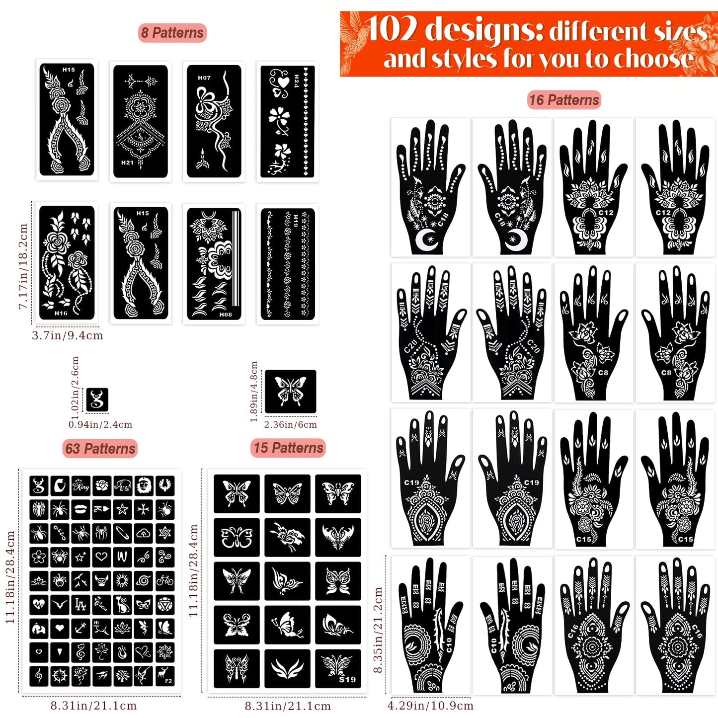 MuseLuxe Temporary Tattoos Stencils Kit,Temporary Tattoos Kit - 8 Pcs 4 Color(Brown,Black,Cherry red,Green), Ink with Gloves,DIY Body Art Painting for Women Men Adults Kids